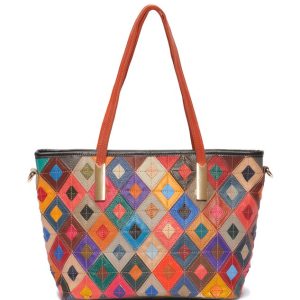 New Genuine Leather Handcrafted Patchwork Colorful Tote Handbag